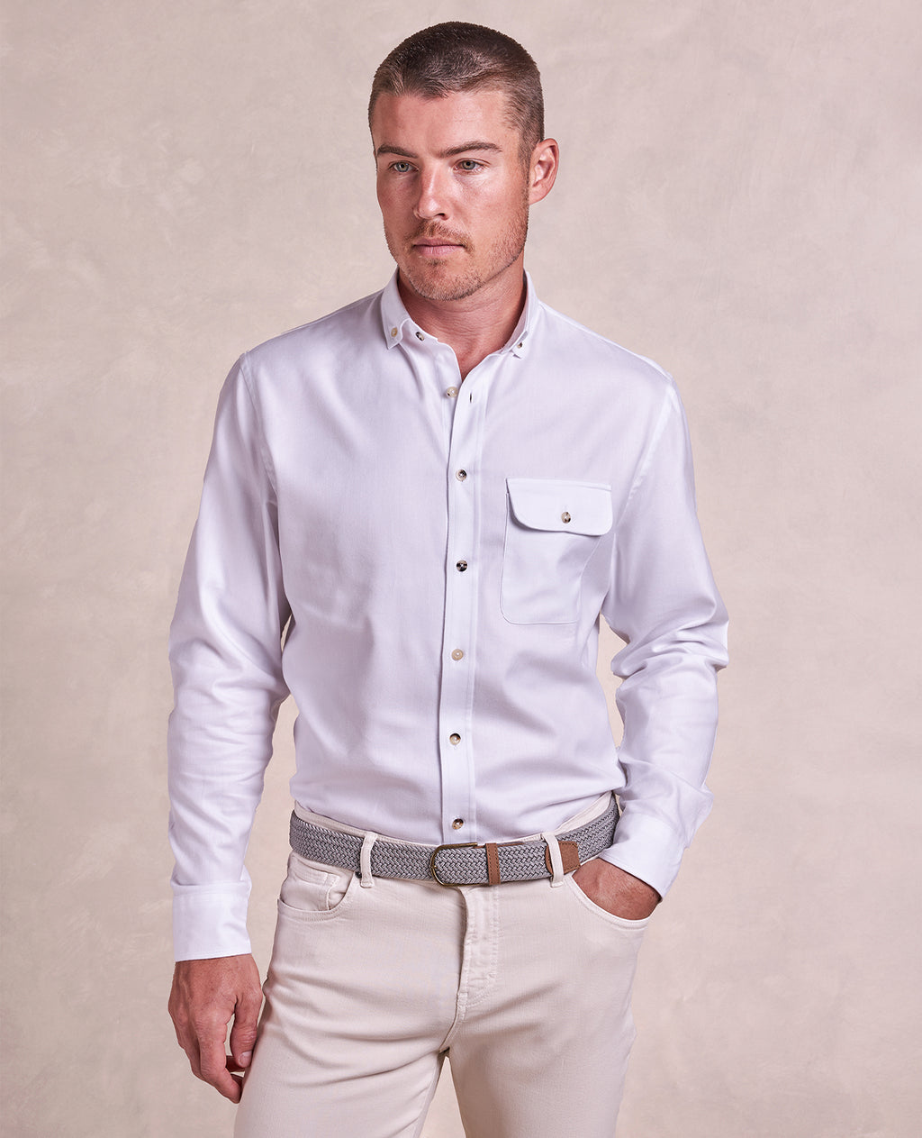 The Dean - Thomas Mason Brushed Cotton Herringbone Shirt - White